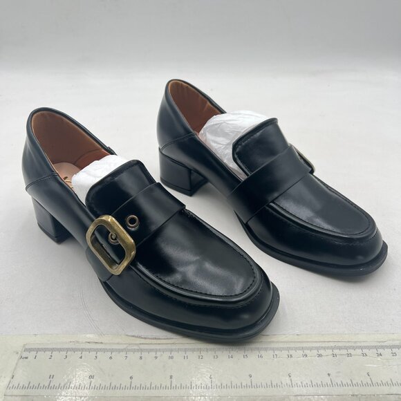 YDN Black Chunky Heels Square Toe Loafers Shoes Slip On Office Pumps - Picture 1 of 7